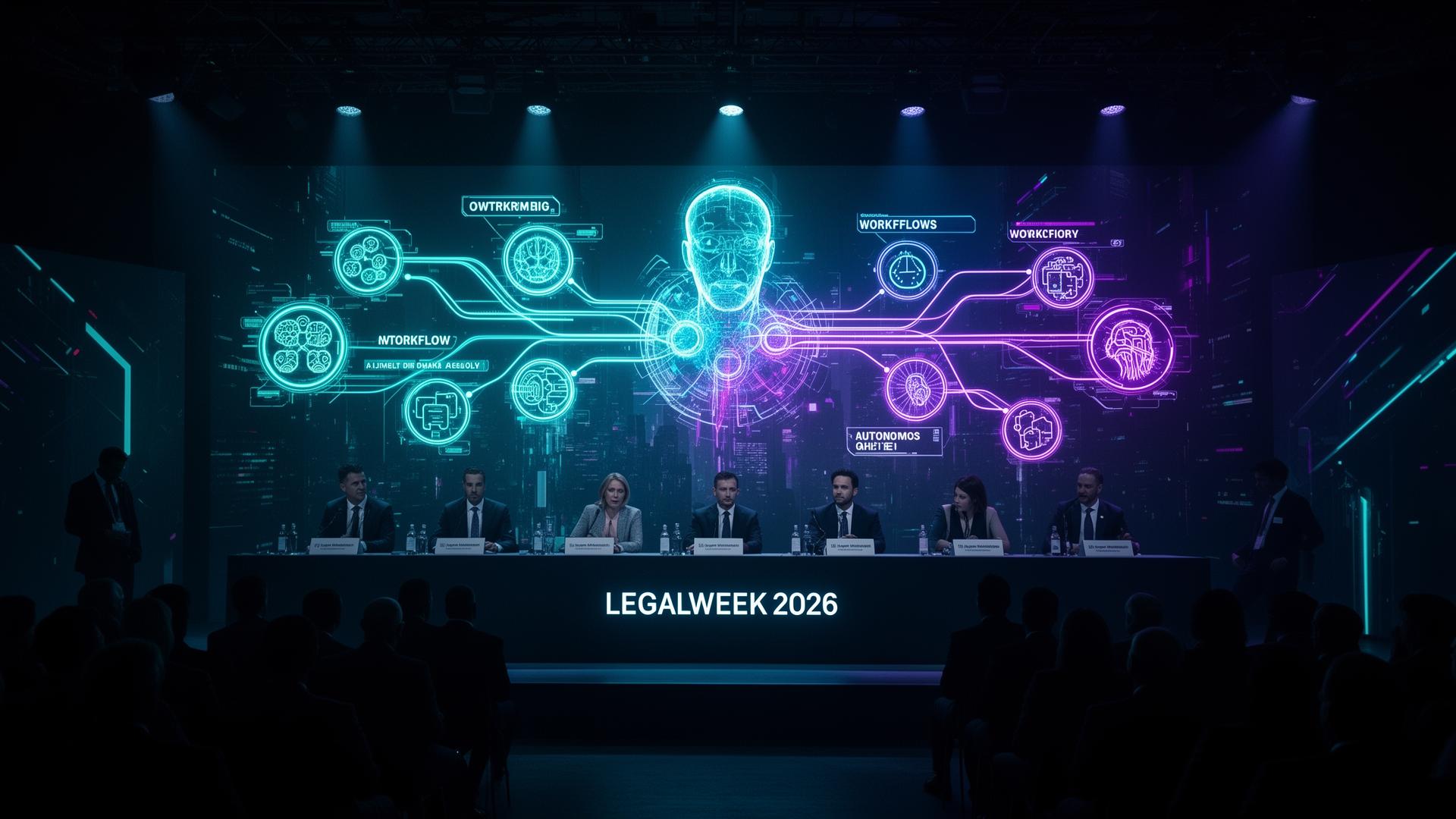 LegalWeek 2026 panel on AI agents with holographic workflow diagrams