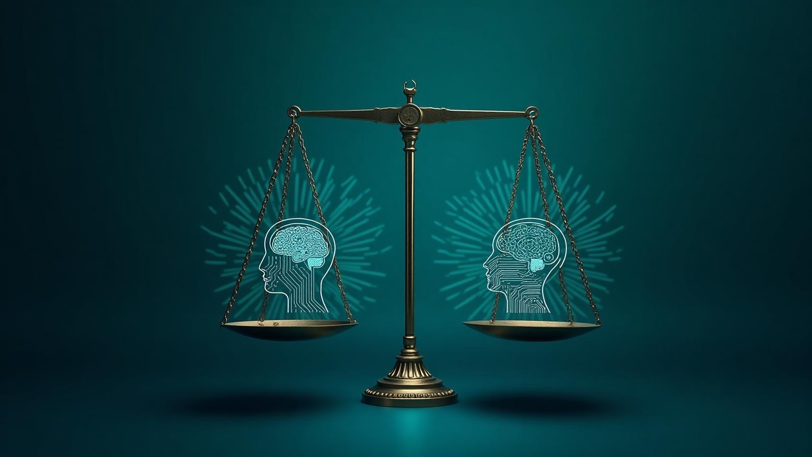 AI alignment and ethics visualization showing balanced scales between human values and artificial intelligence