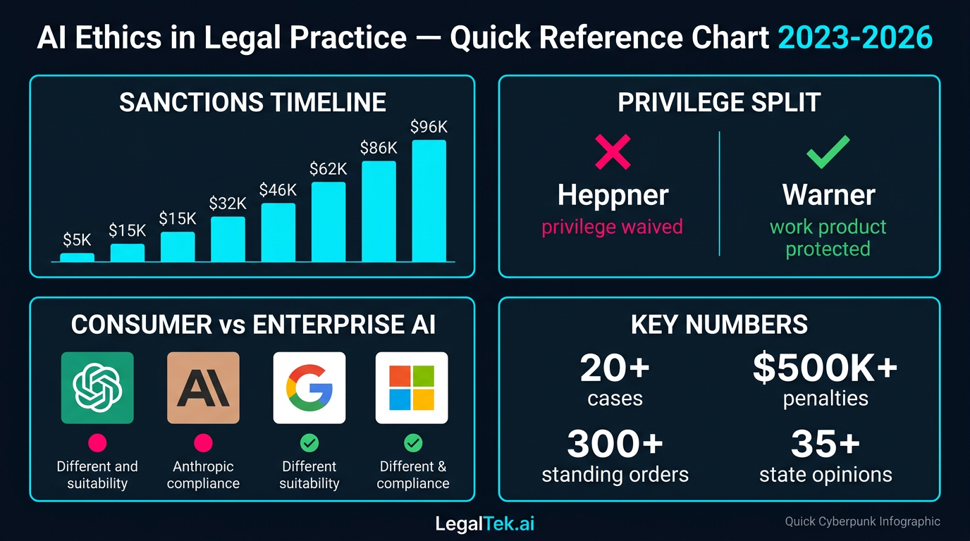 AI Ethics in Legal Practice Quick Reference Chart — sanctions timeline, privilege split, consumer vs enterprise AI, key numbers