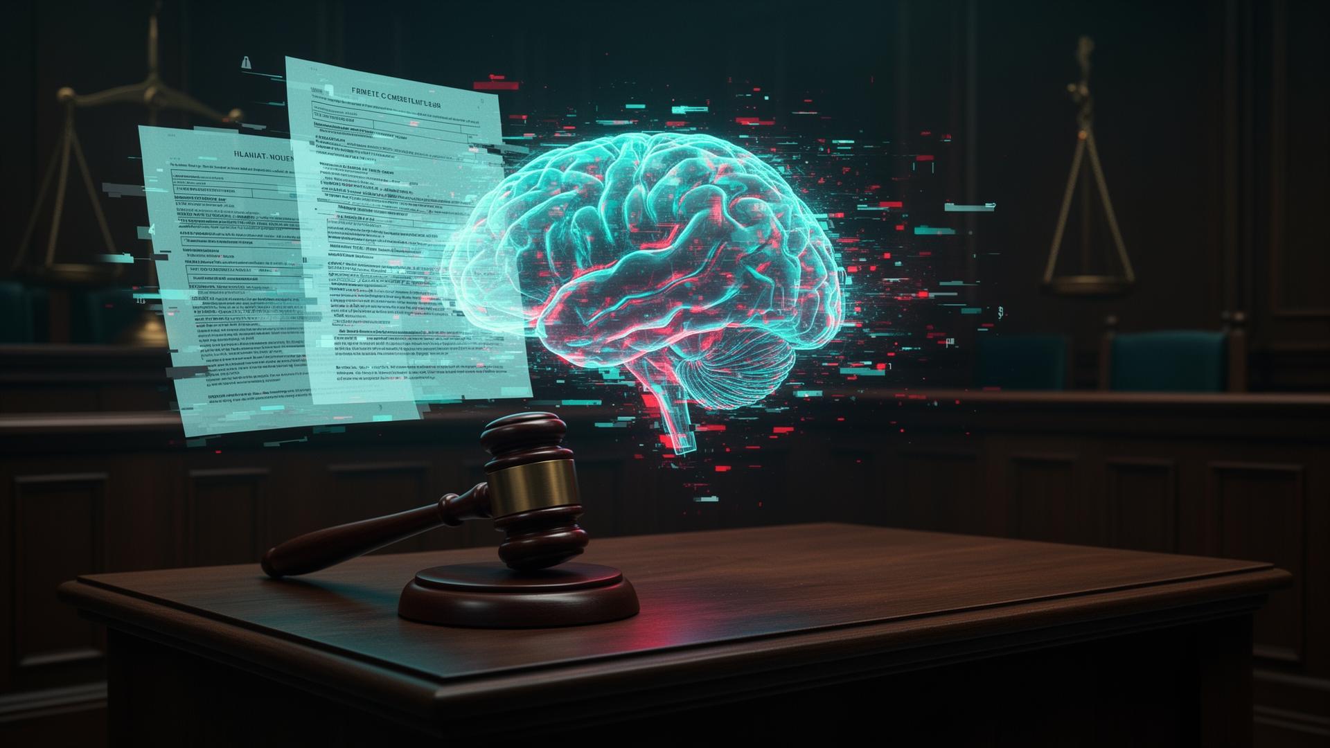 AI Hallucinations in Court - Glitching holographic brain above legal documents with gavel