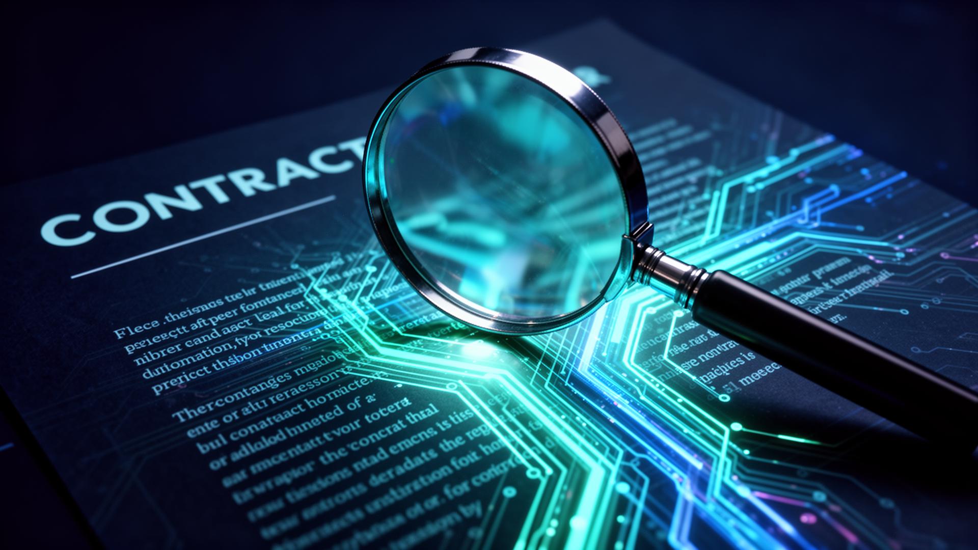 Magnifying glass examining AI vendor contract with glowing circuit patterns