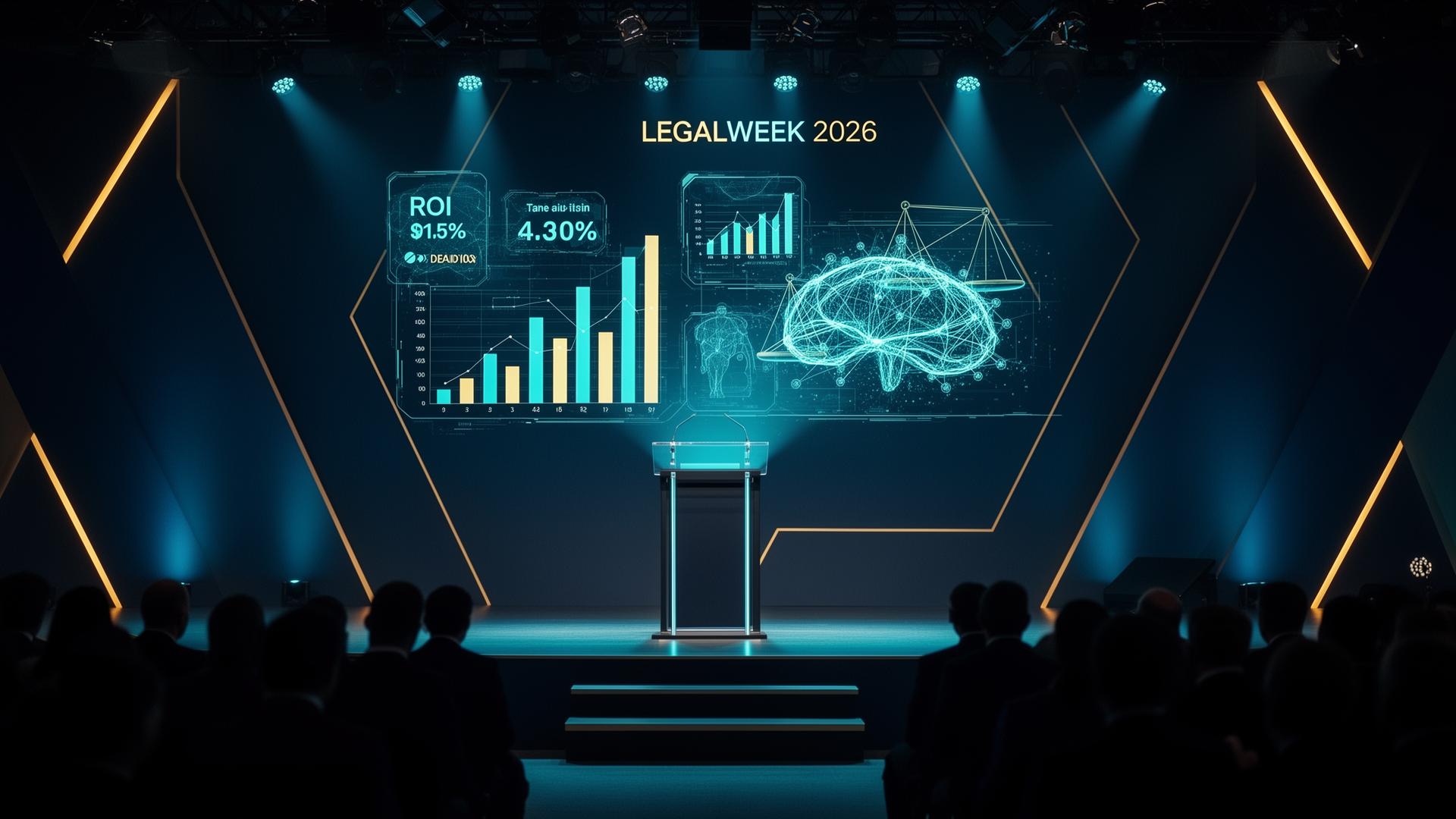 LegalWeek 2026 conference stage with AI ROI analytics
