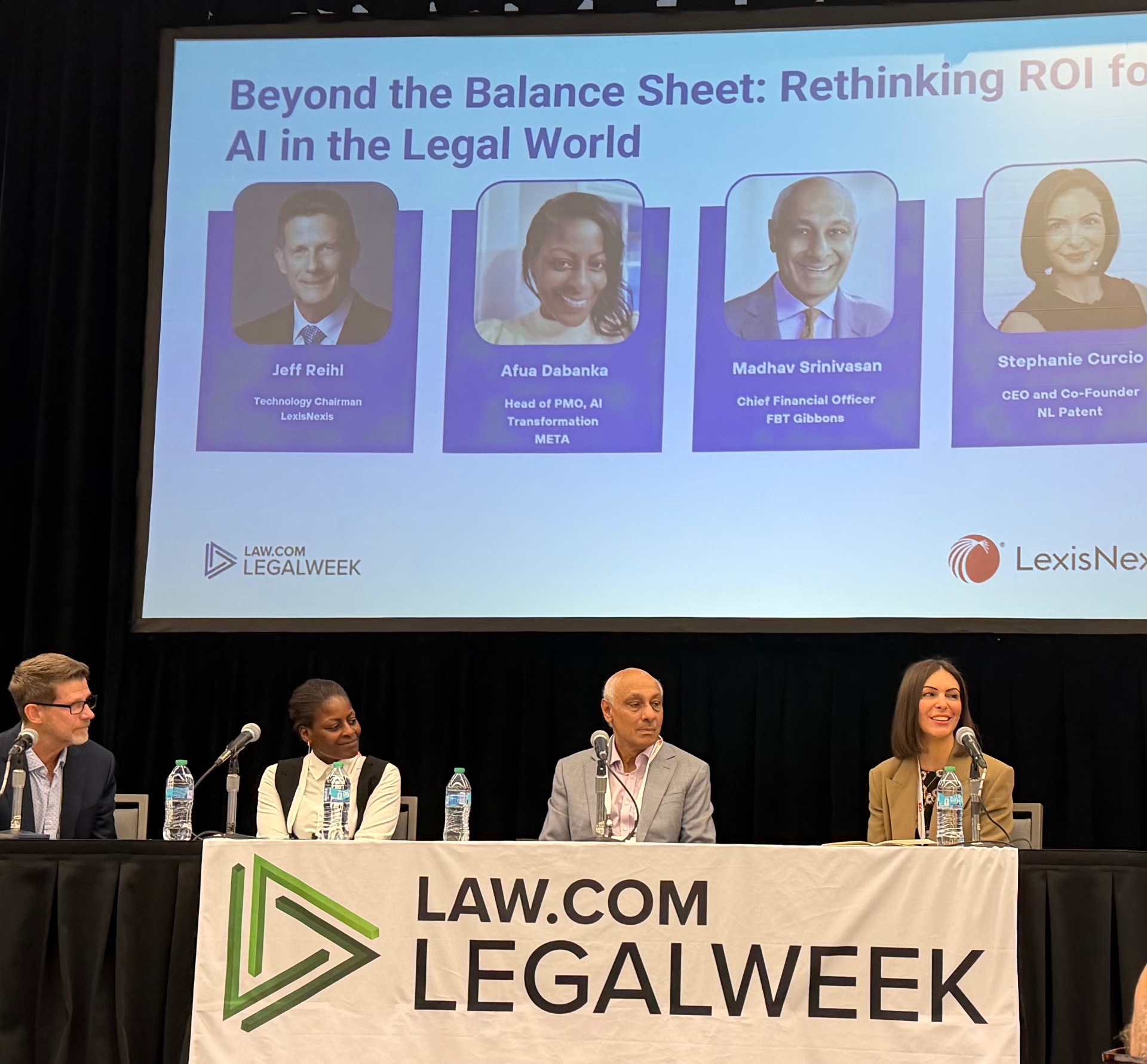 Beyond the Balance Sheet panel at LegalWeek 2026 — Jeff Reihl (LexisNexis), Afua Dabanka (META), Madhav Srinivasan (FBT Gibbons), and Stephanie Curcio (NL Patent)