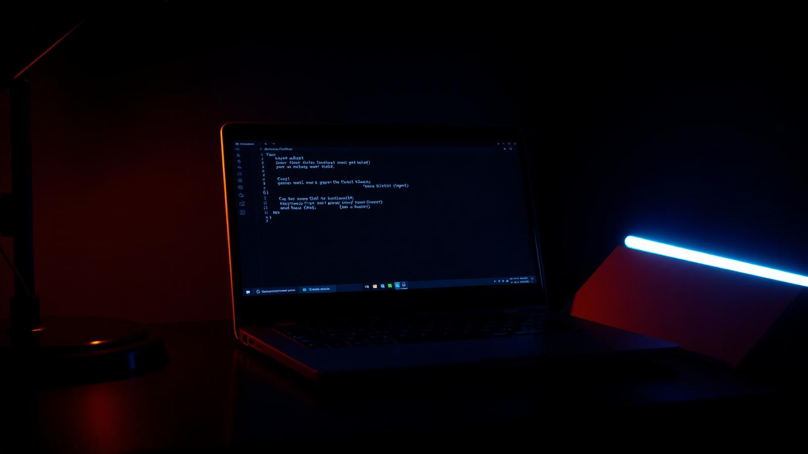 A laptop showing a terminal cursor beside a closed client file folder on an attorney's desk