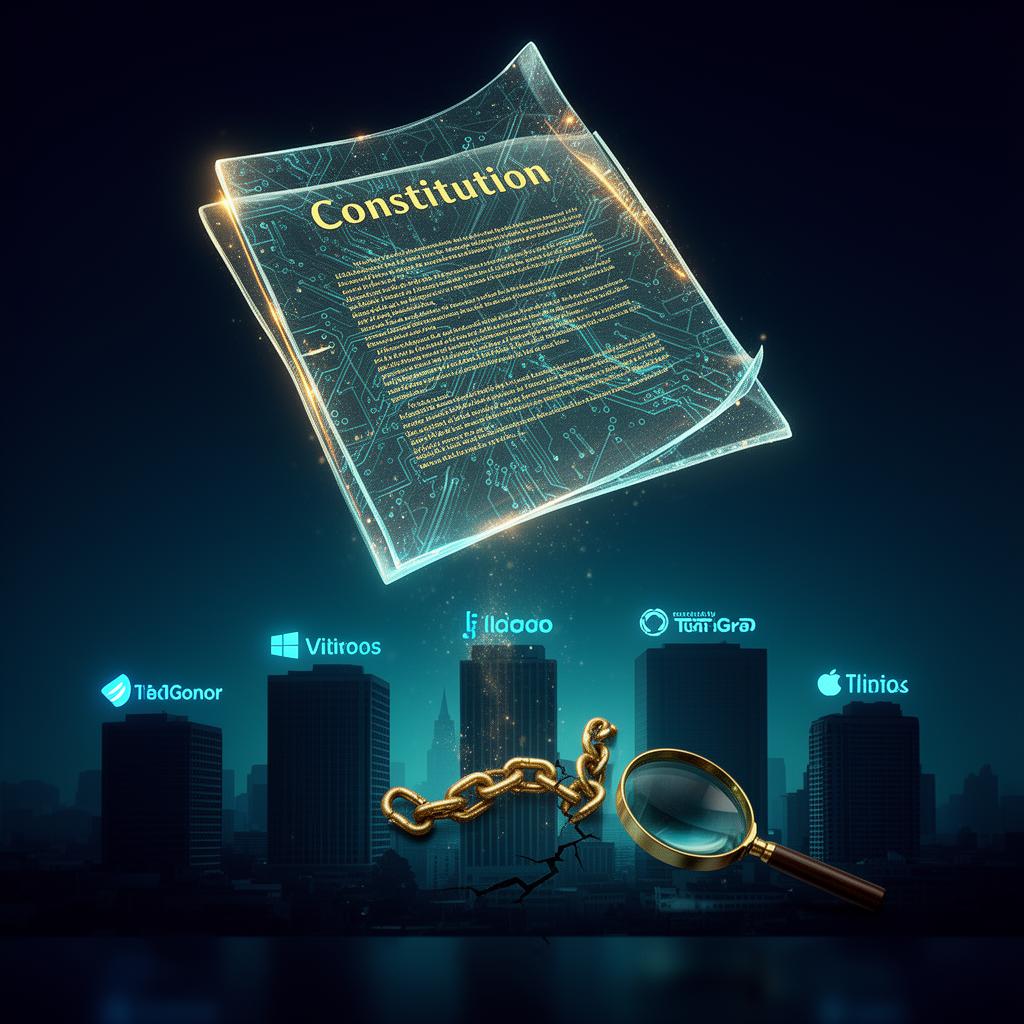 Glowing digital constitution document floating above tech company silhouettes — representing AI governance transparency