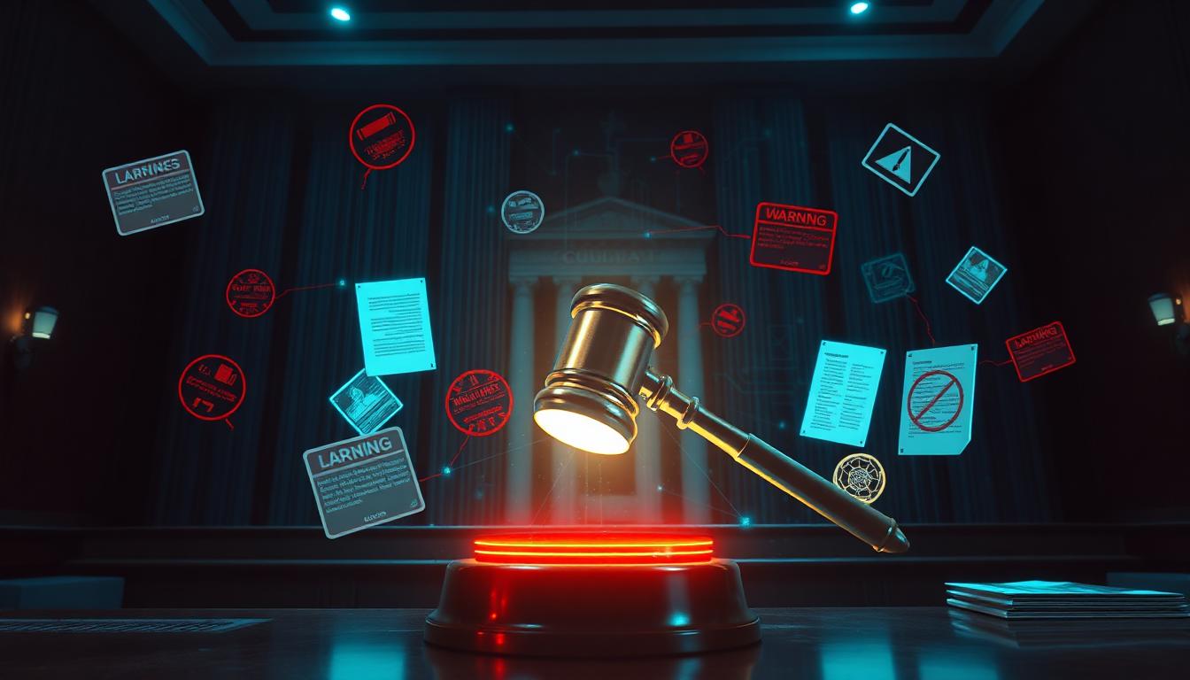 Digital gavel striking down surrounded by floating holographic case citations with red warning stamps — representing AI ethics enforcement in legal practice
