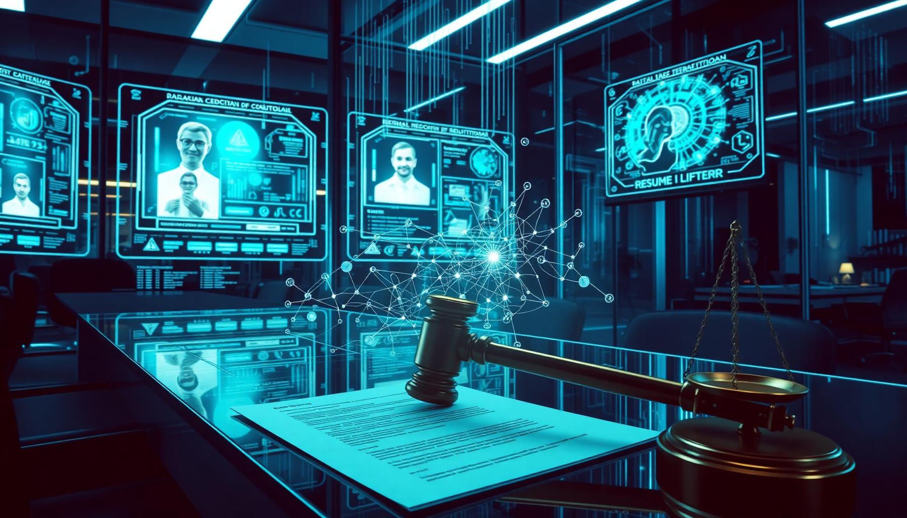AI-powered recruitment screening with legal regulation imagery