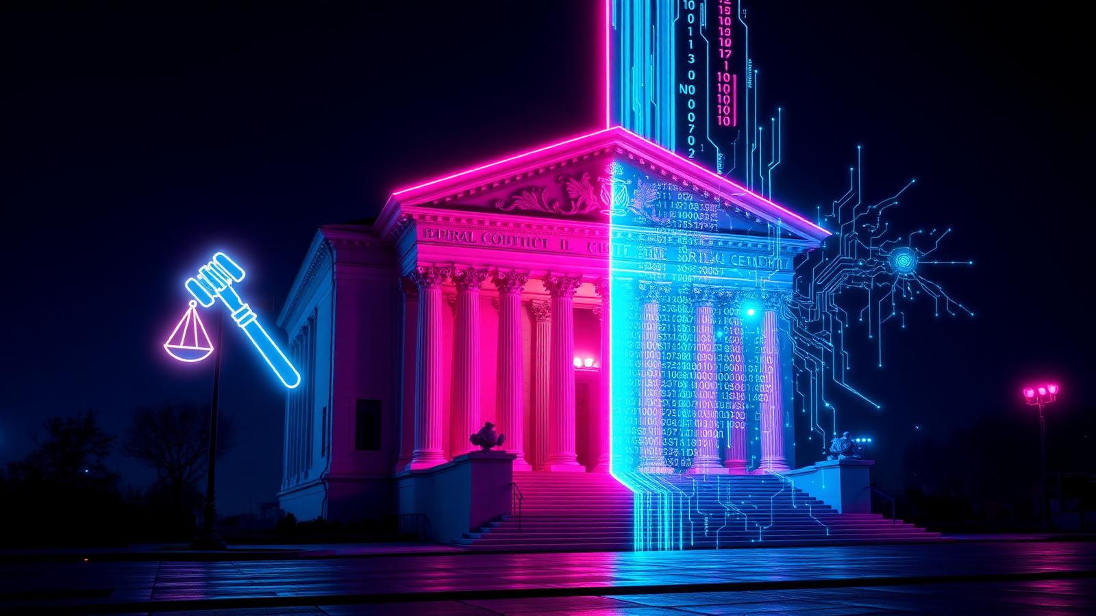 Neon federal courthouse split by a digital contract, gavel and scales of justice