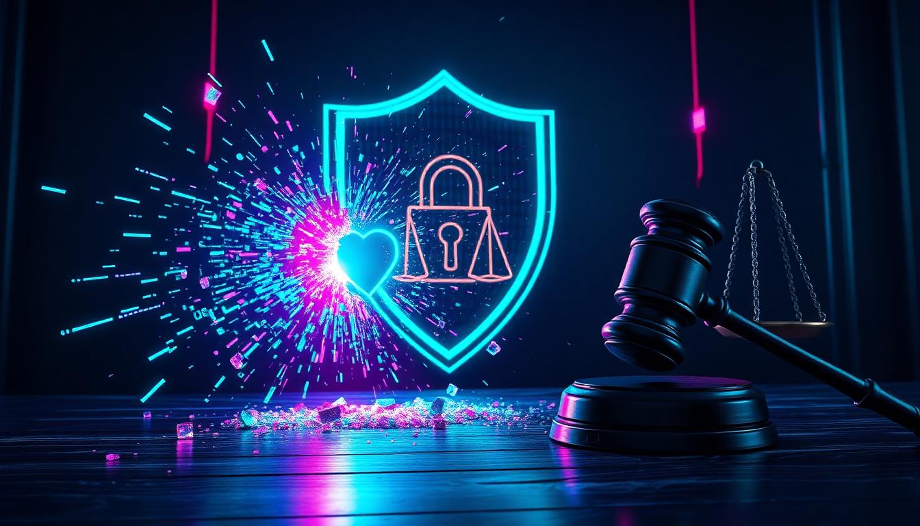Shattered digital shield with code fragments and legal scales - representing the Claude Code leak