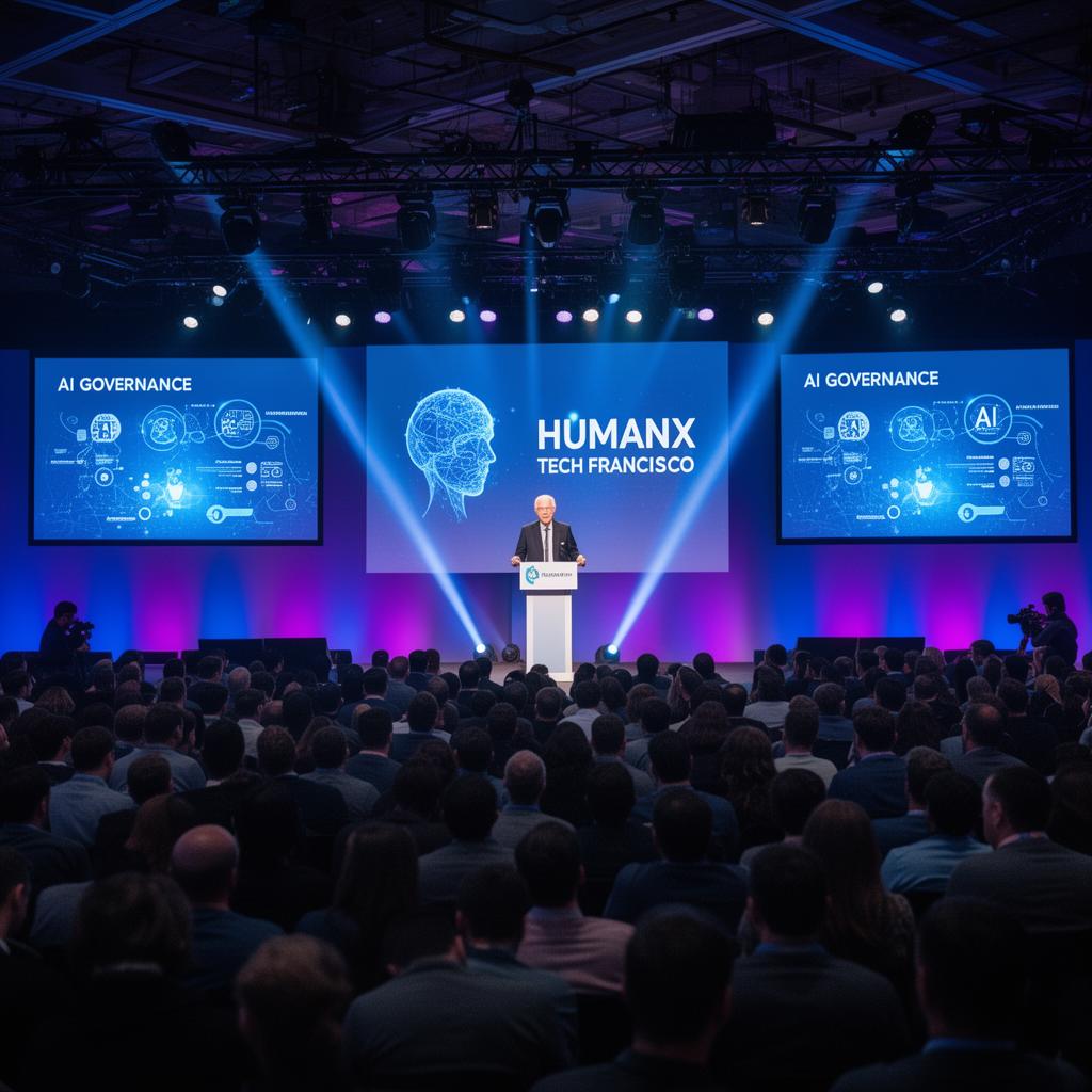 HumanX 2026 conference keynote stage in San Francisco — Al Gore addresses a packed audience on AI governance