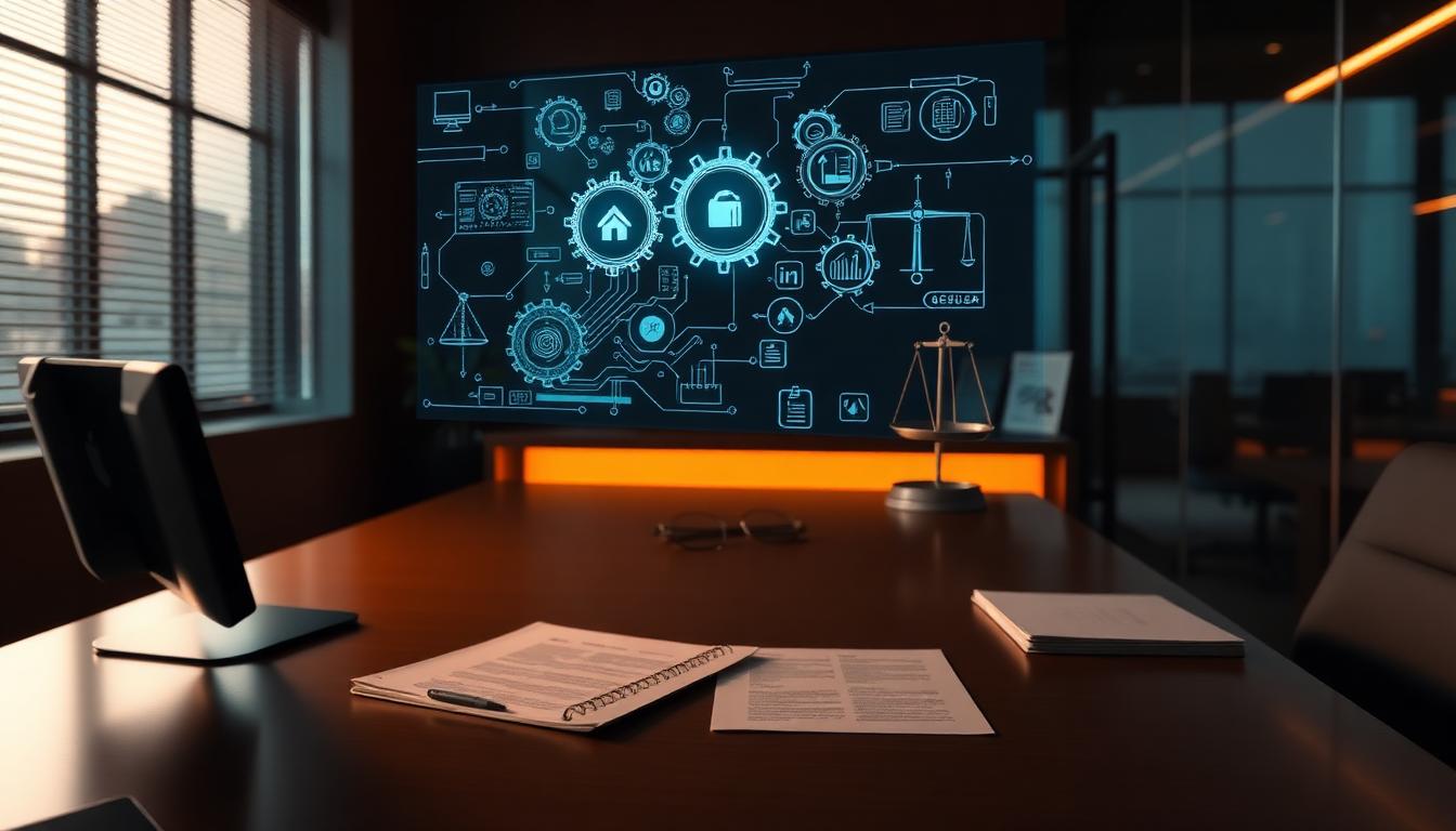 Legal engineering concept — holographic workflow blueprints floating above a modern desk with scales of justice