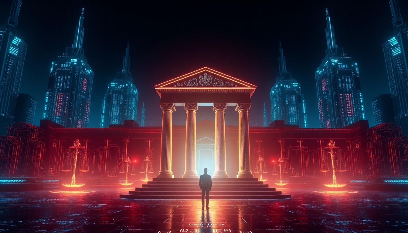 Lone lawyer standing before a glowing courthouse against corporate tech towers — domain expertise vs Silicon Valley