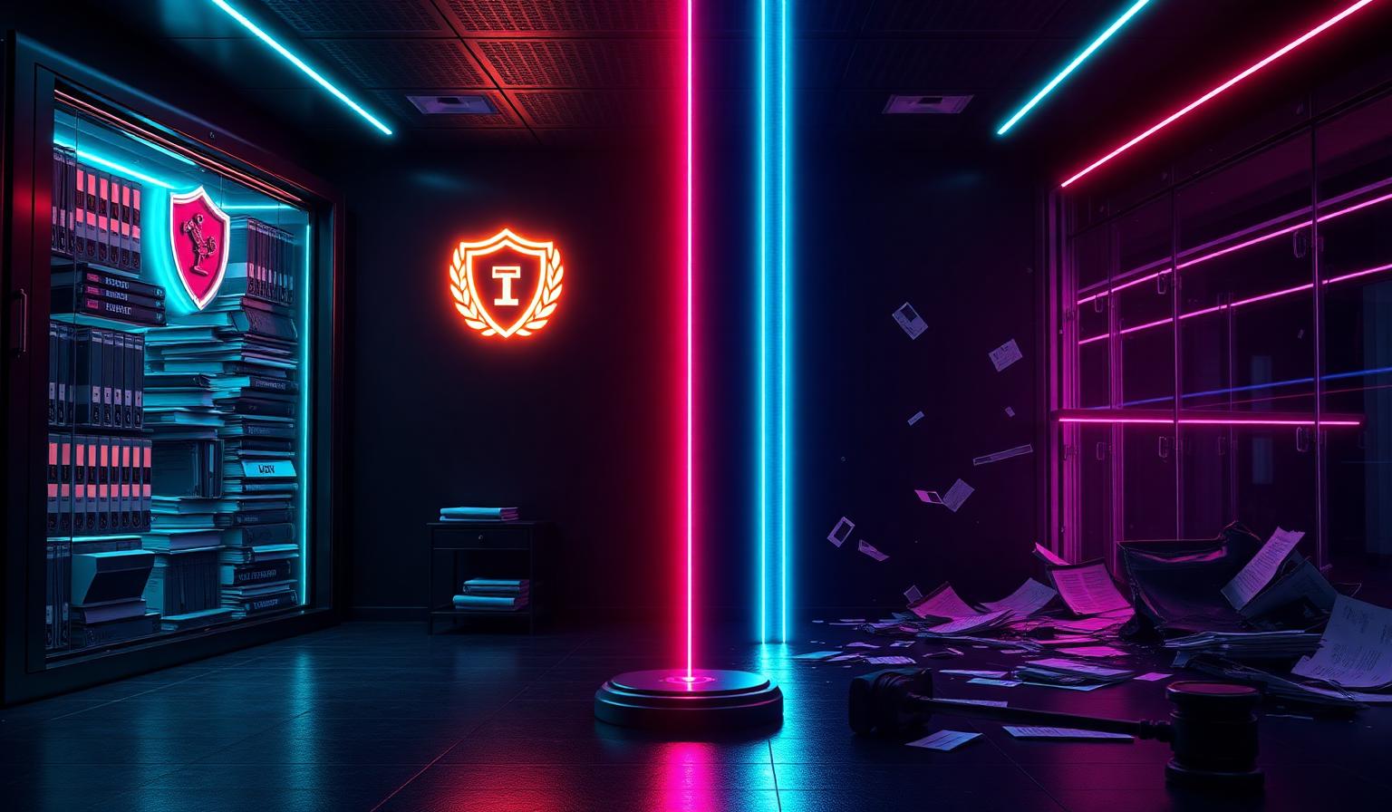 Cyberpunk split courtroom illustrating governance vs. neglect