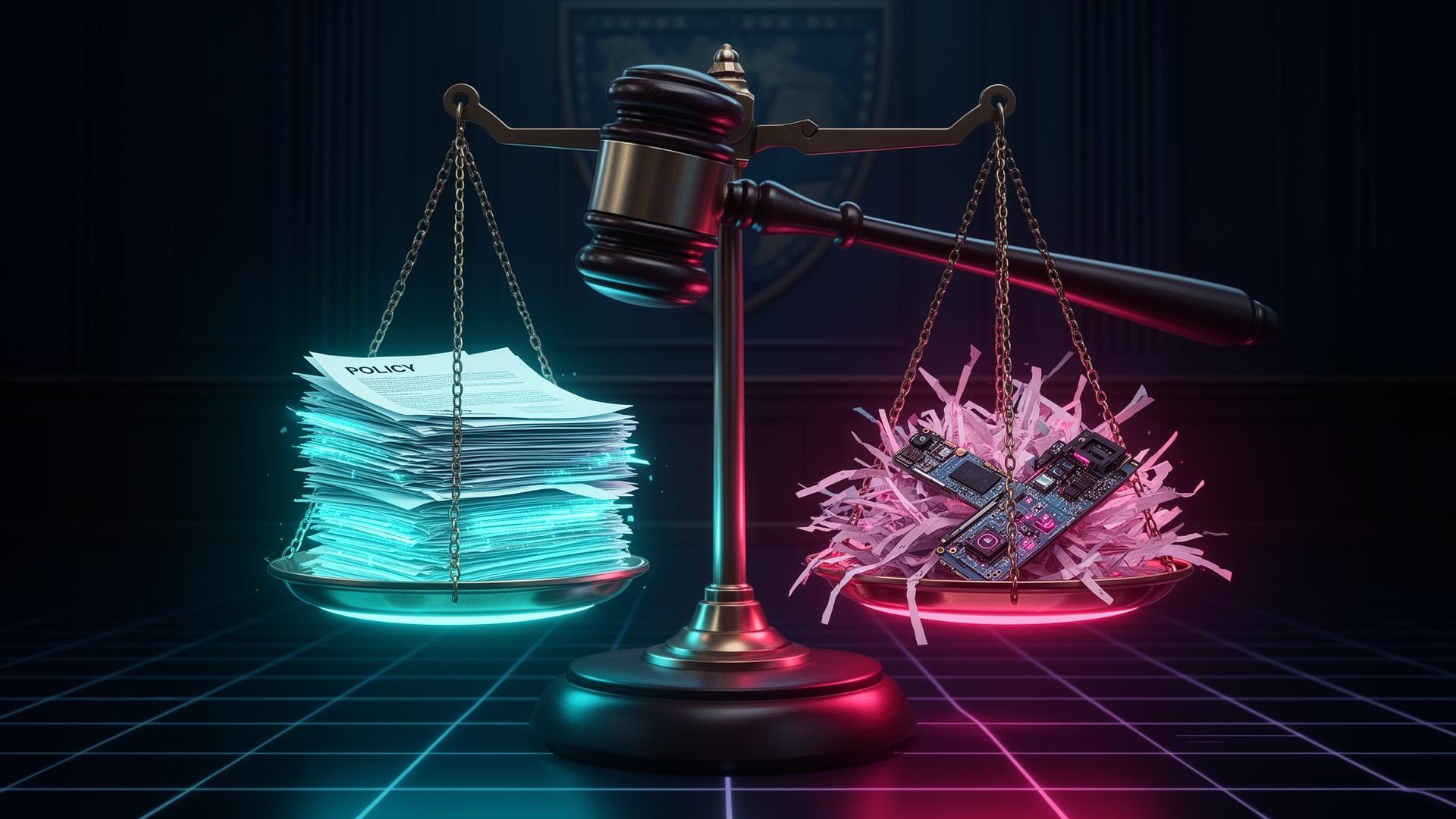 The federal scale of justice weighing documented AI policy against shredded, ungoverned AI use