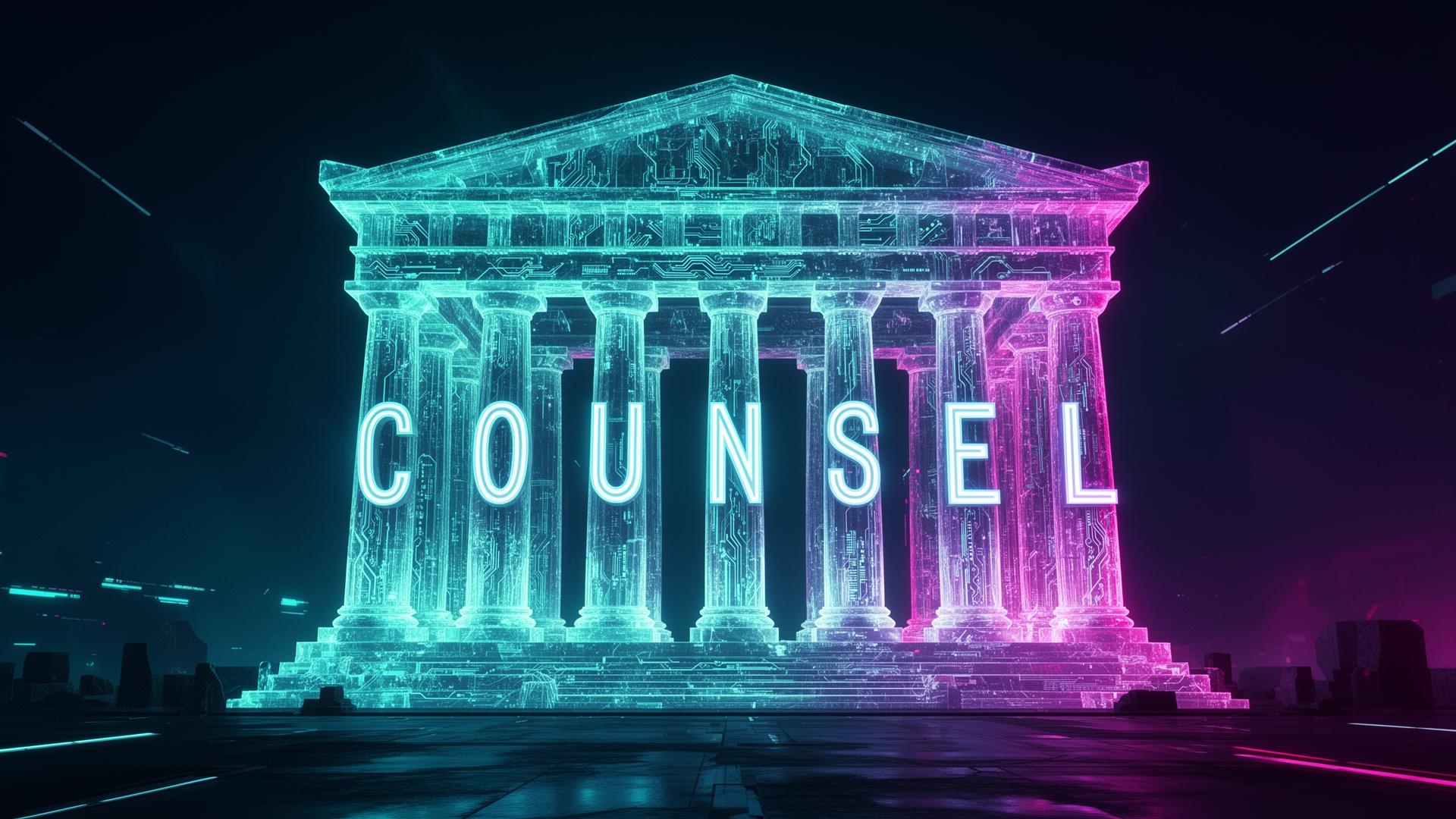Holographic seven-pillar temple representing the COUNSEL framework
