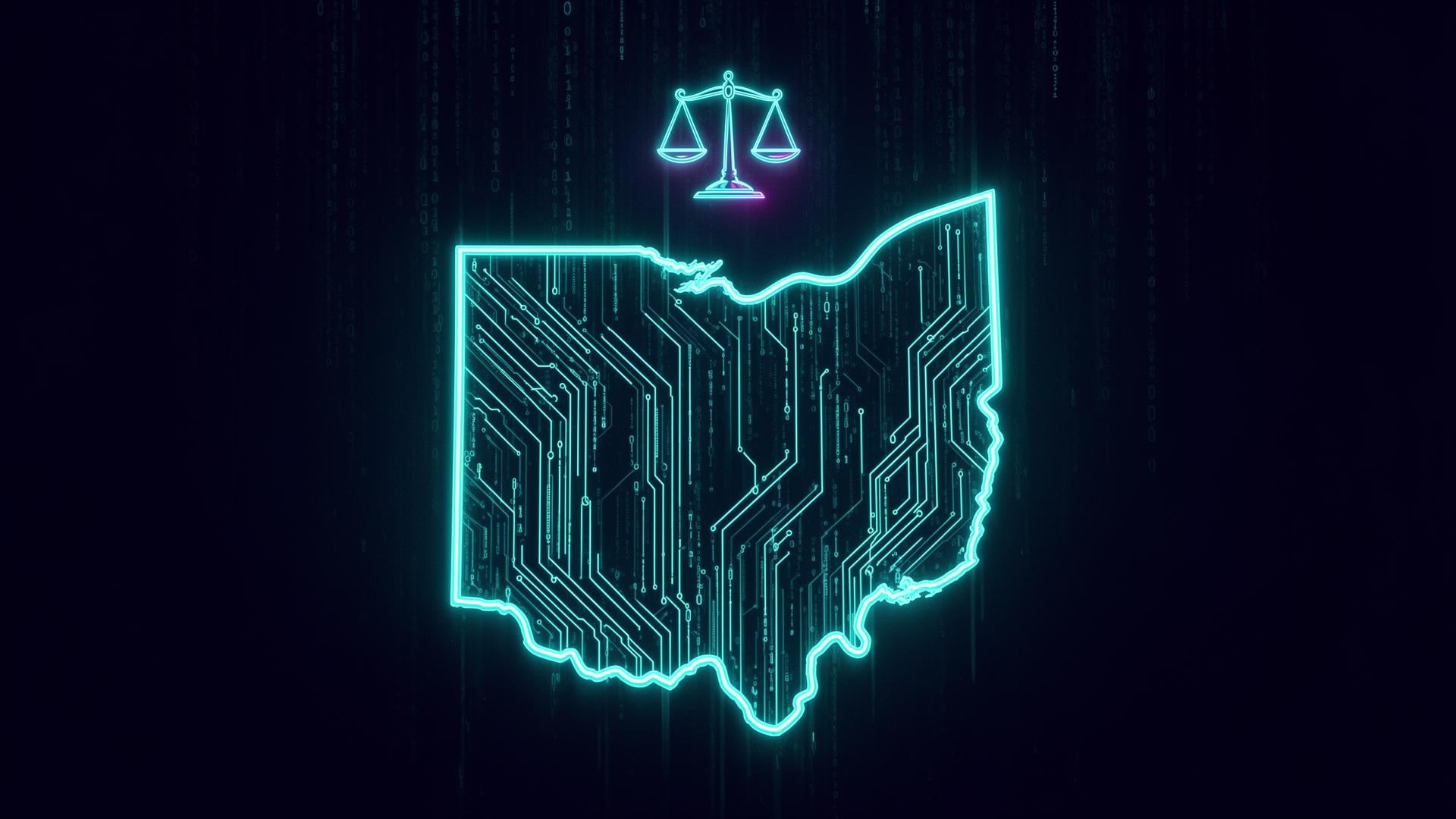 Outline of Ohio in glowing cyan circuitry with scales of justice