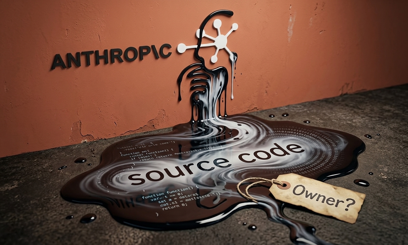 Anthropic logo melting into a pool of leaked source code with an ownership question tag