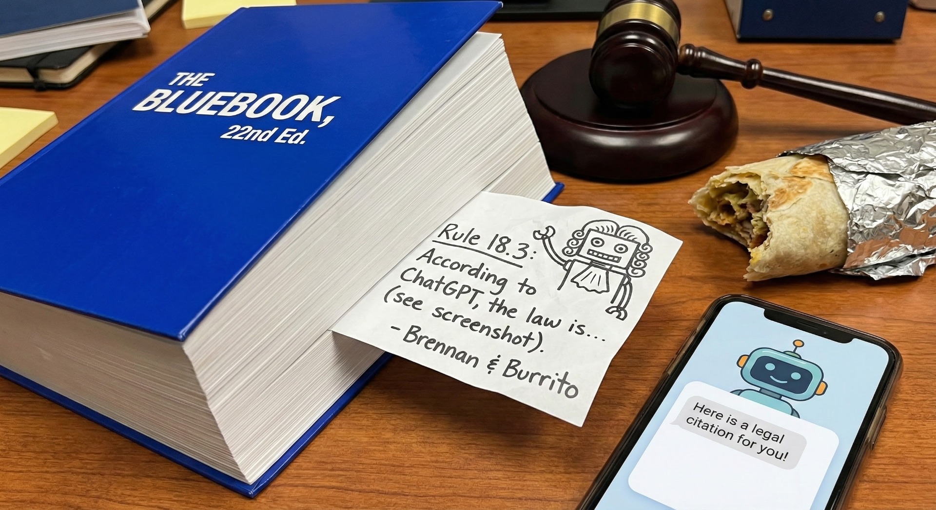 The Bluebook 22nd Edition with a note about citing ChatGPT, a gavel, and a burrito