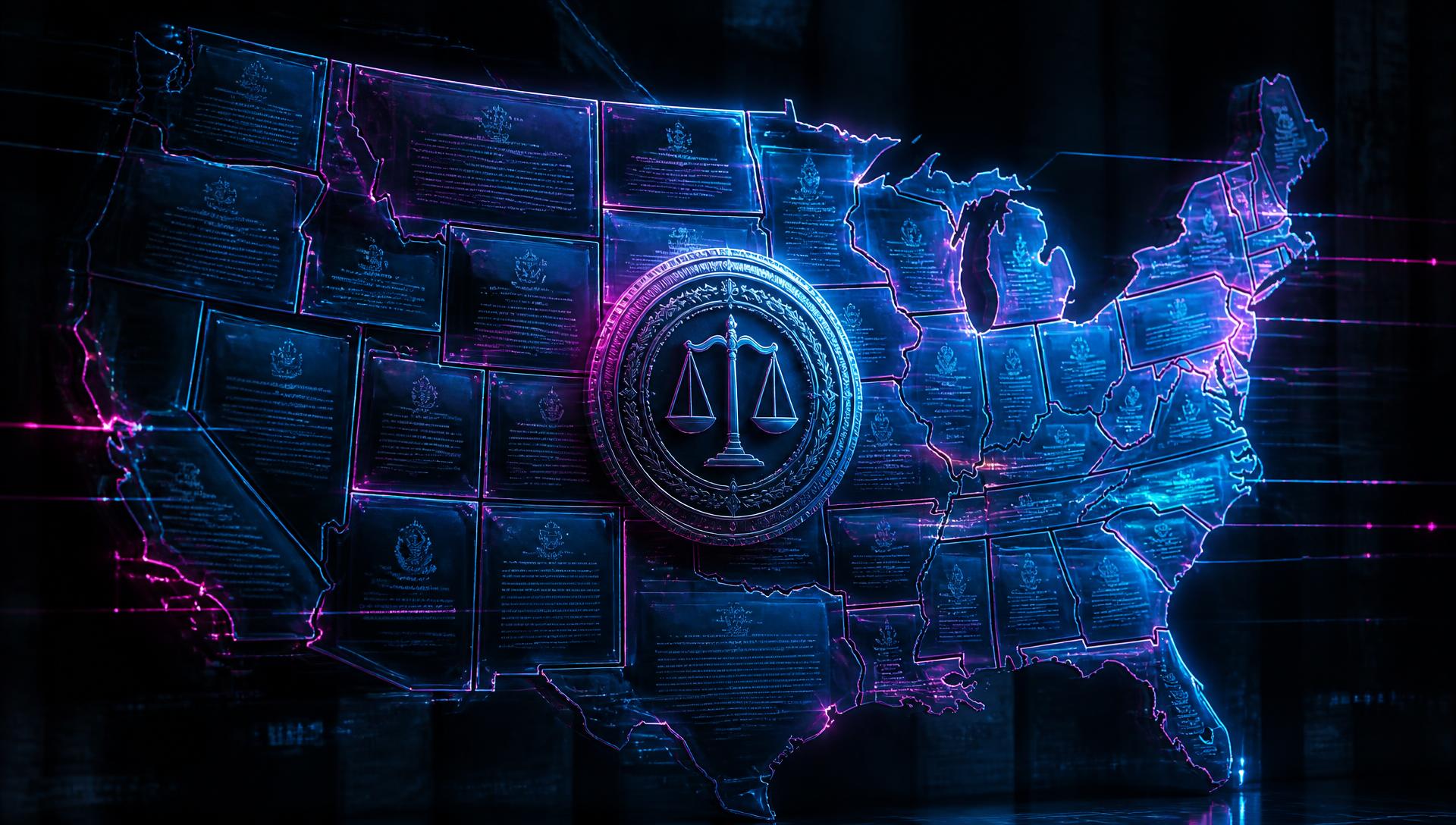 Glowing map of United States bar ethics instruments on artificial intelligence