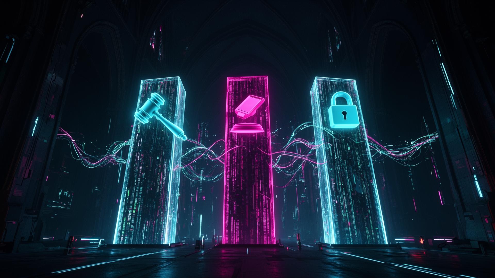Three glowing data monoliths — LegalTek live databases hub