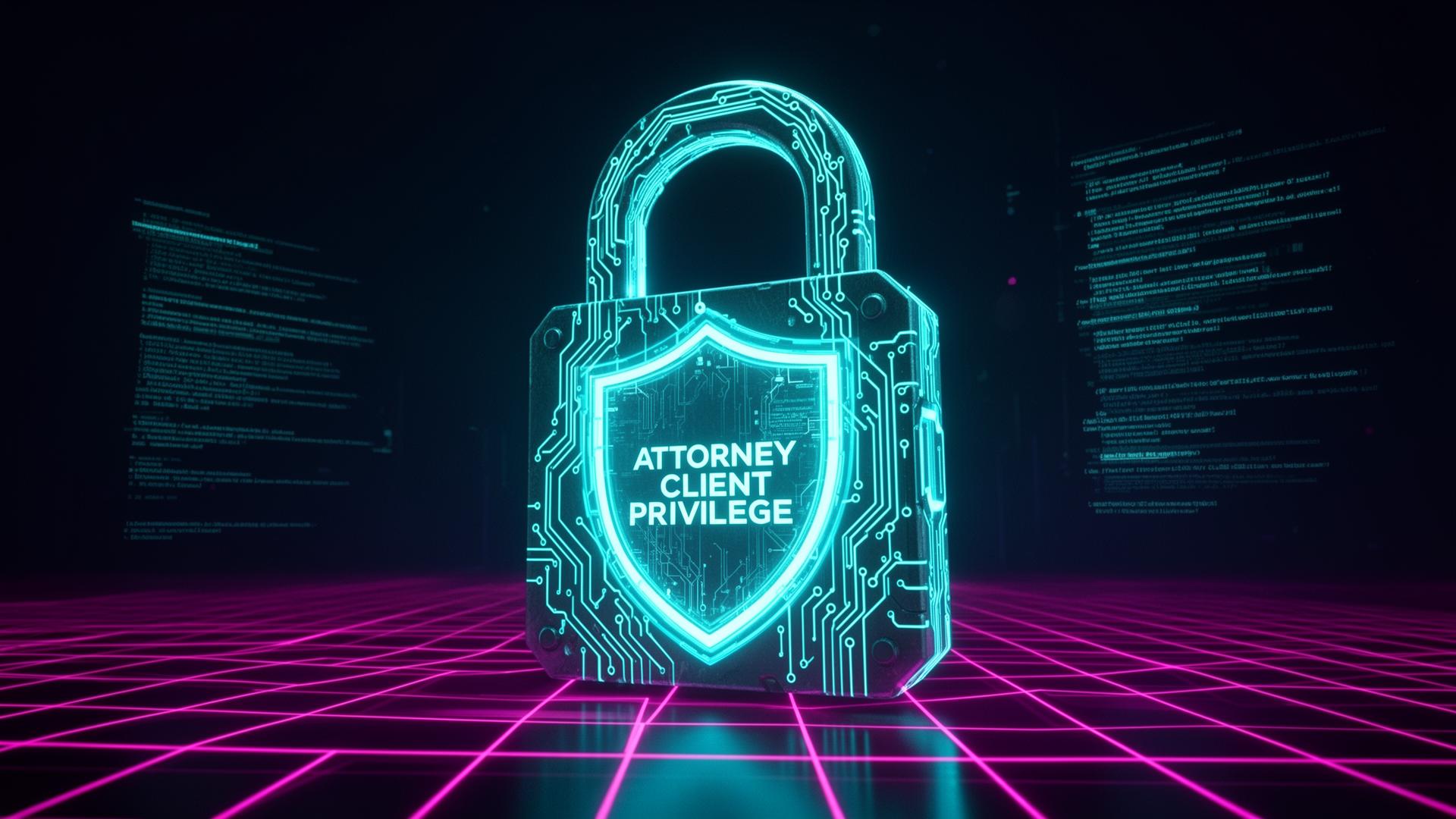Glowing attorney-client privilege shield padlock — AI privilege database