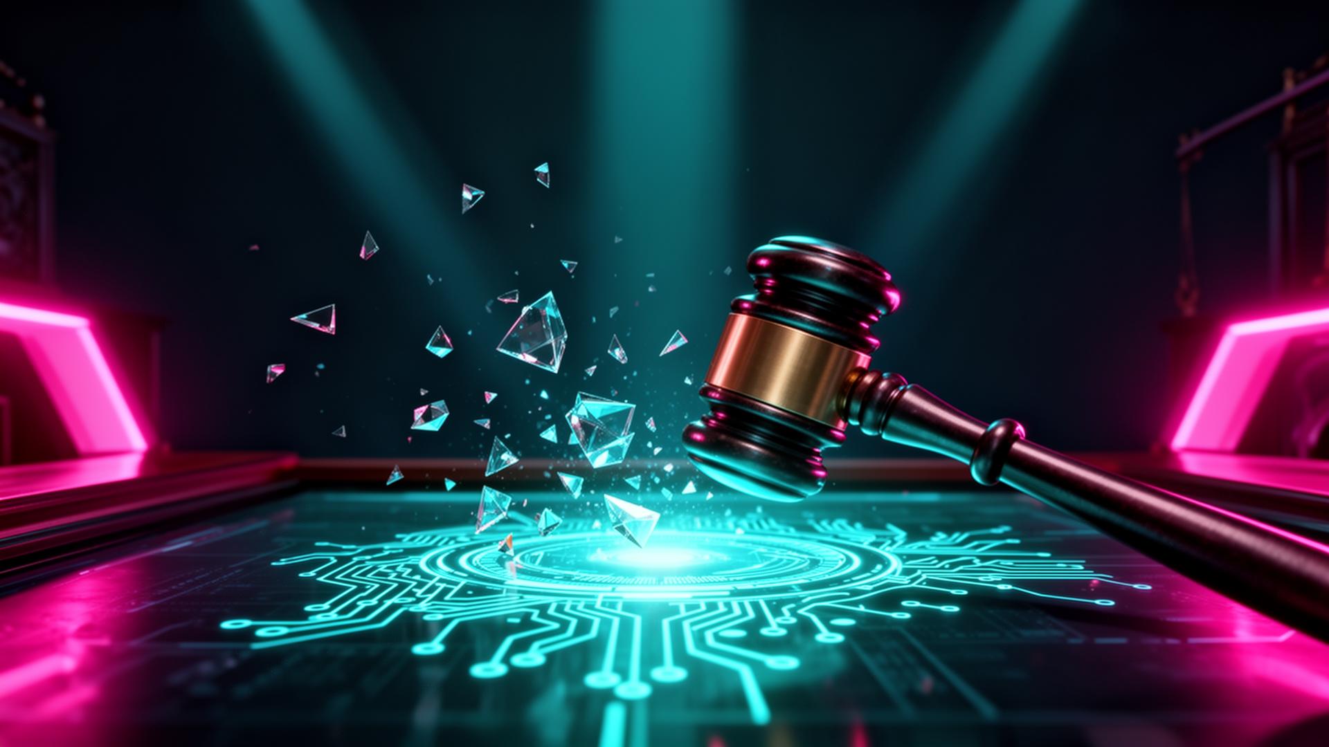 Cyberpunk gavel striking AI circuit — AI sanctions tracker