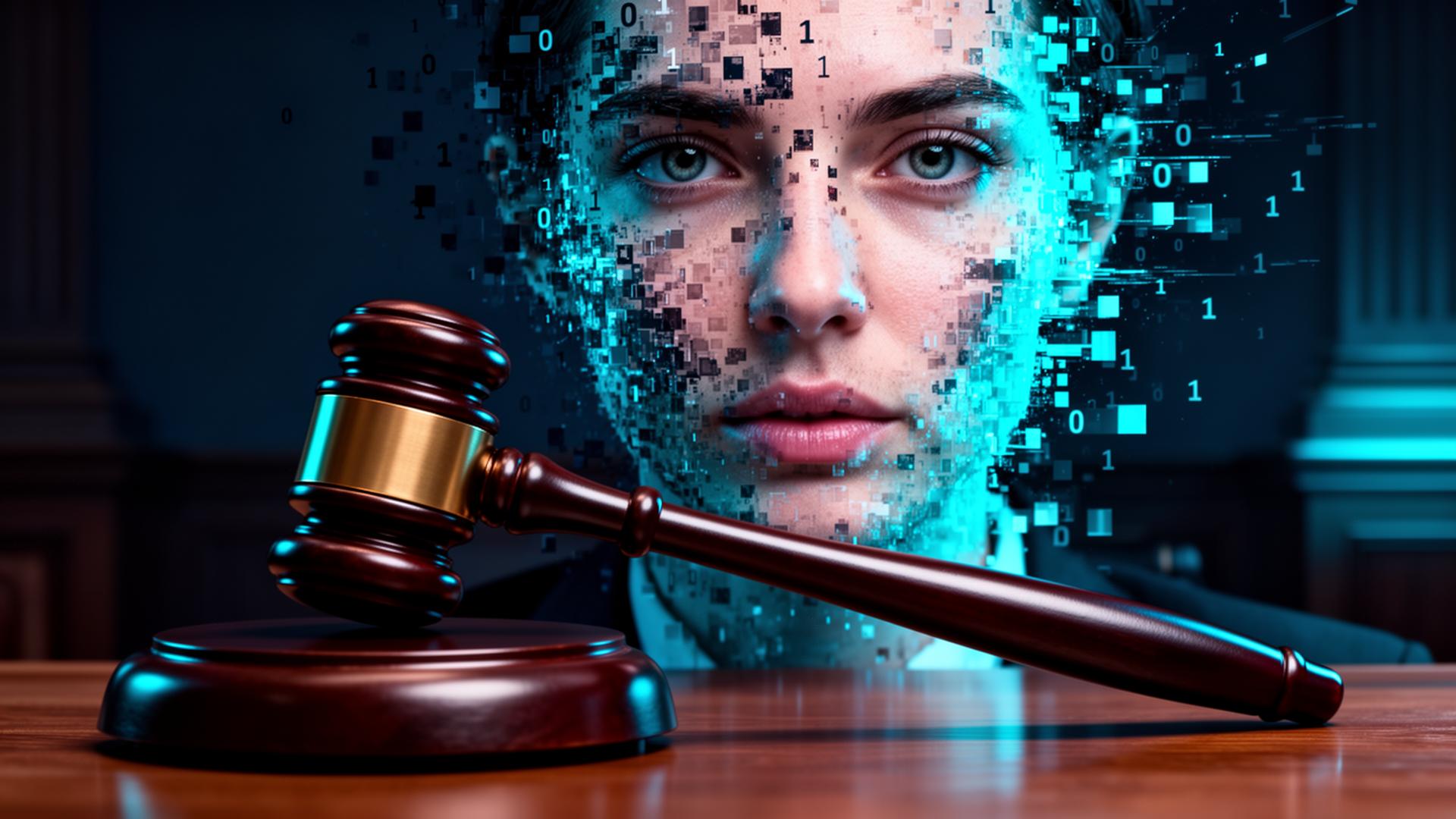 Deepfakes on Trial - Digital face fragmenting with courtroom gavel