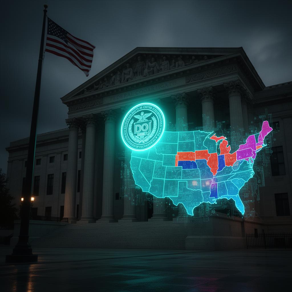 DOJ federal courthouse with holographic US map showing AI regulation conflicts