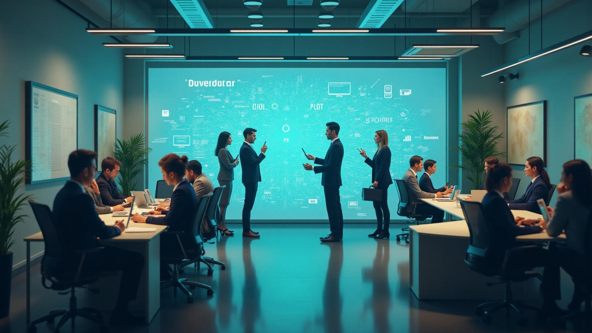 Future of work collaboration showing humans and AI working together in modern workplace