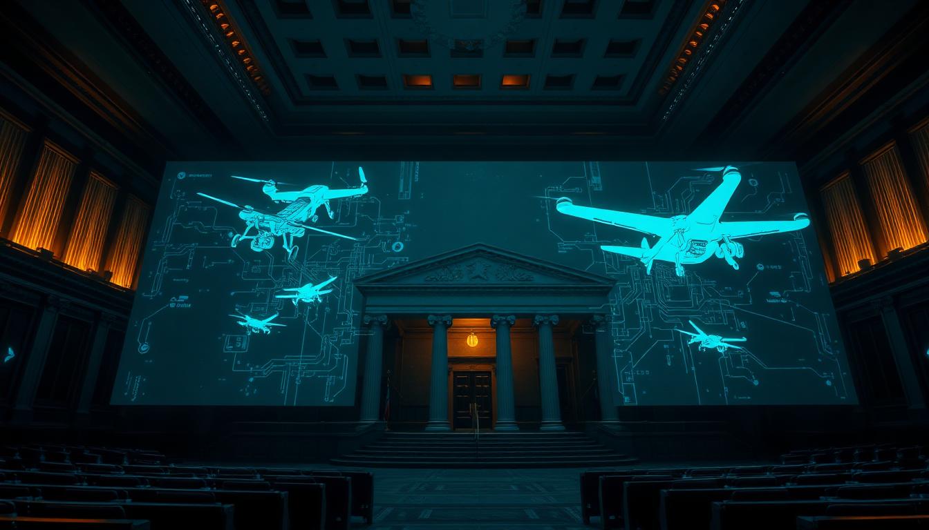 Courtroom with holographic drone and AI circuit projections
