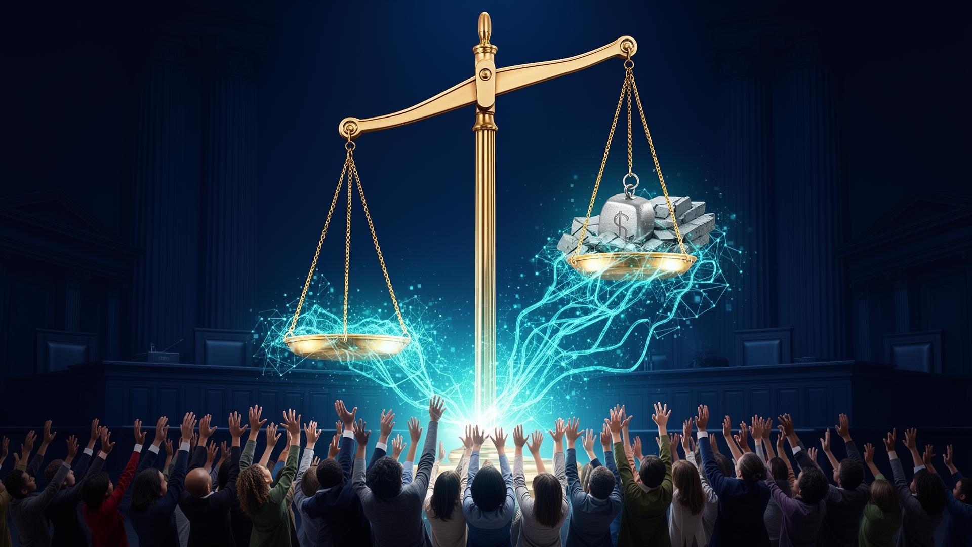 The Justice Gap and AI - Scales of justice with AI neural network