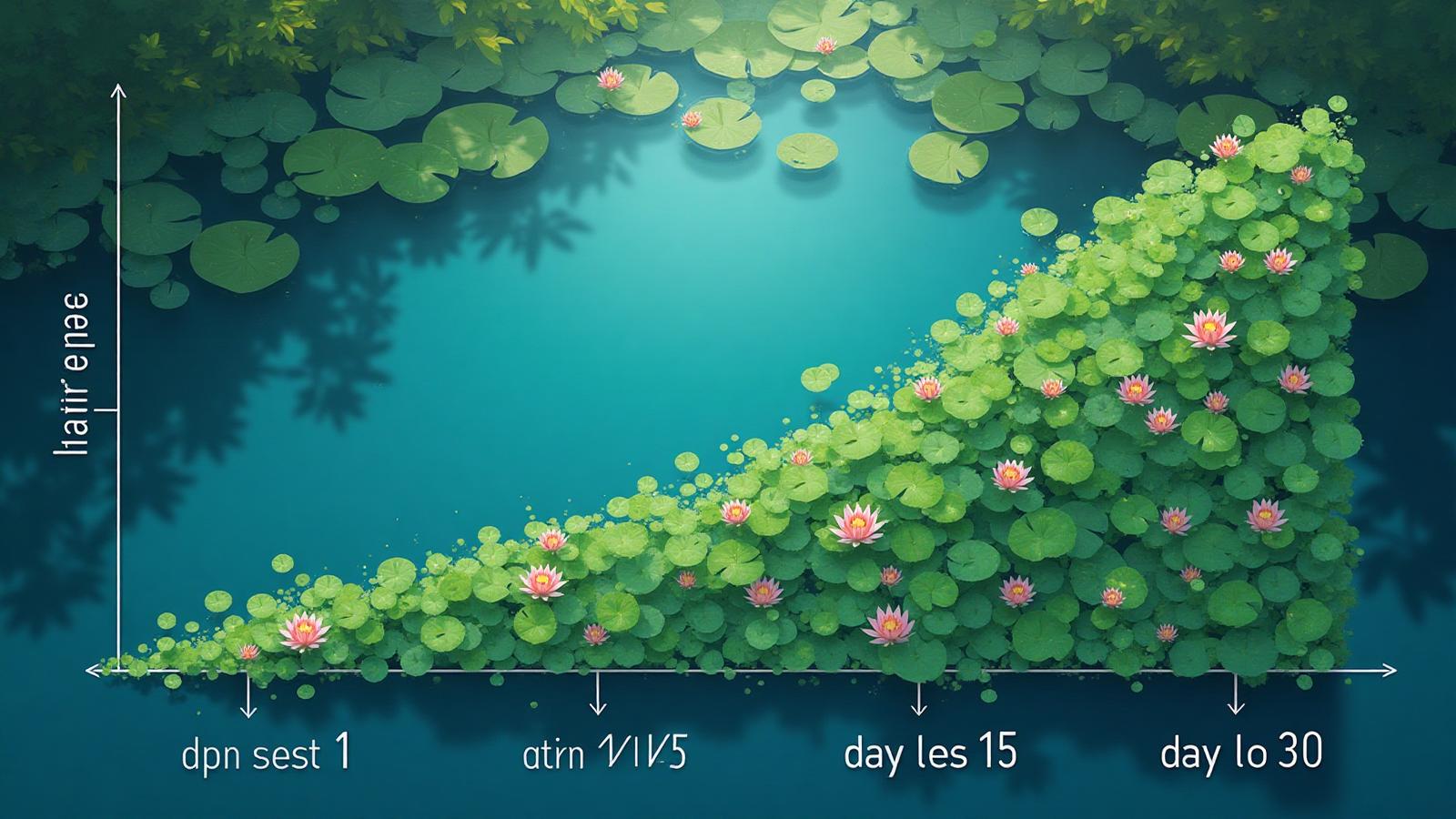 Exponential growth visualization of lily pond - showing progression from day 1 to day 30