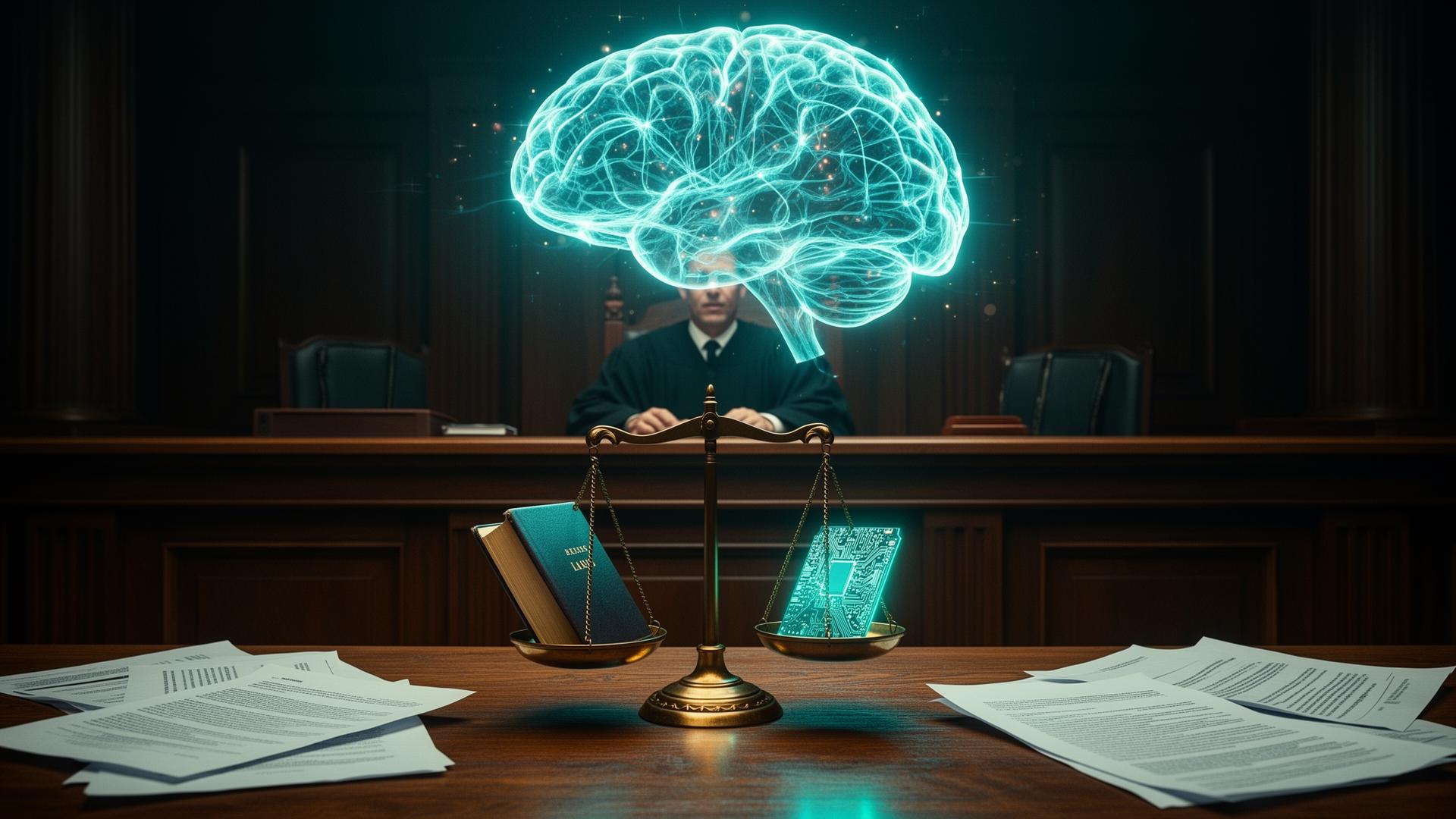 AI courtroom - scales of justice balancing law and technology