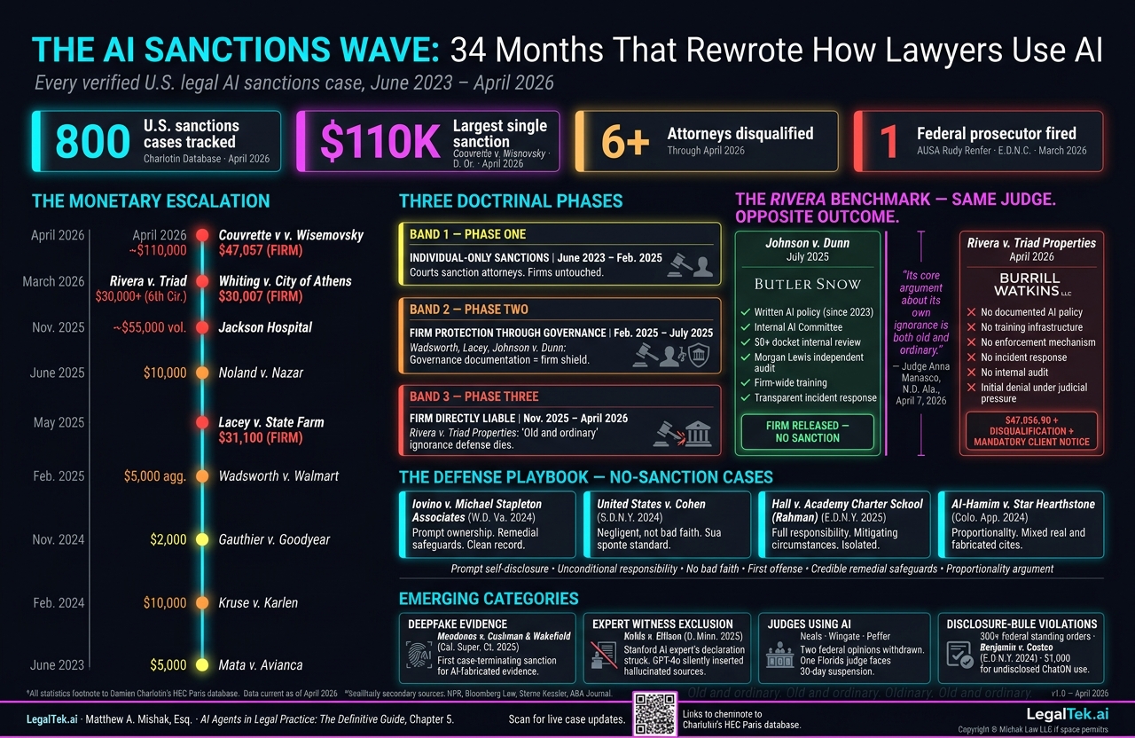 La Ola de Sanciones por IA: 34 meses que reescribieron cómo los abogados usan IA — infografía con 800 casos de sanciones en EE.UU., $110K mayor sanción individual, 6+ abogados descalificados, tres fases doctrinales, el referente Rivera, manual defensivo y categorías emergentes de junio 2023 a abril 2026.